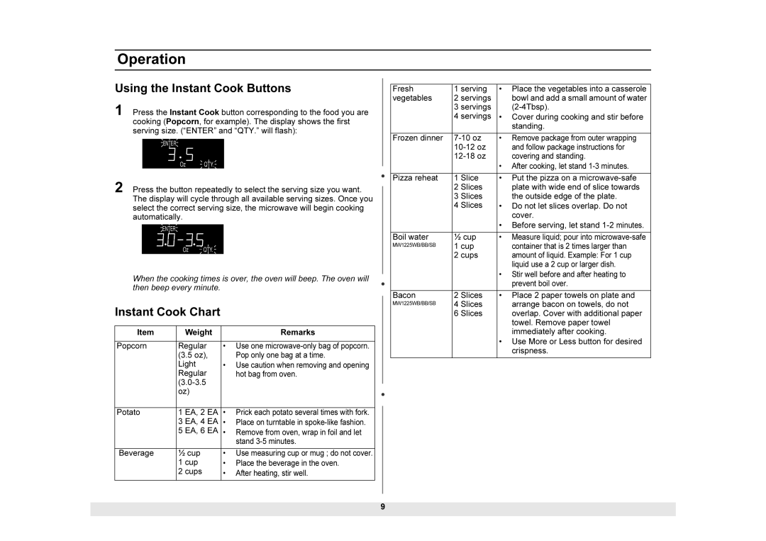 Samsung MW1025WB owner manual Using the Instant Cook Buttons, Instant Cook Chart 