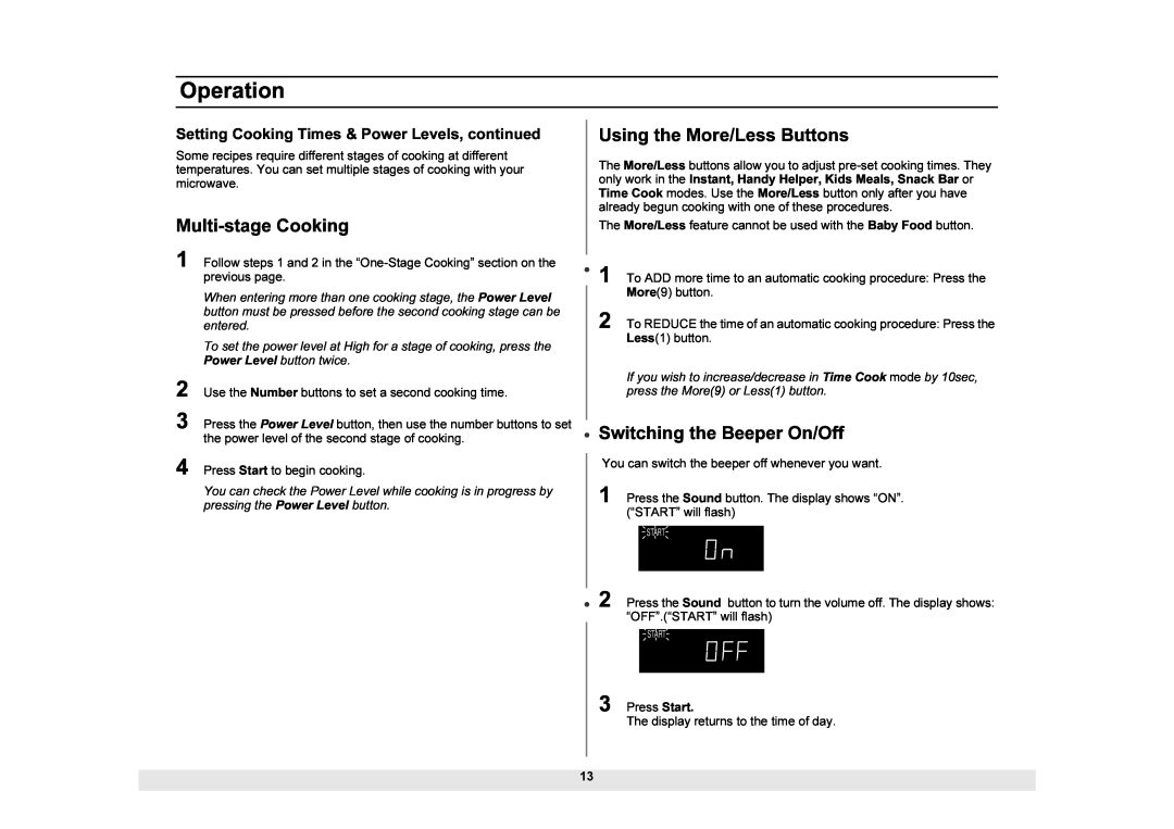 Samsung MW1025WB owner manual Using the More/Less Buttons, Switching the Beeper On/Off 