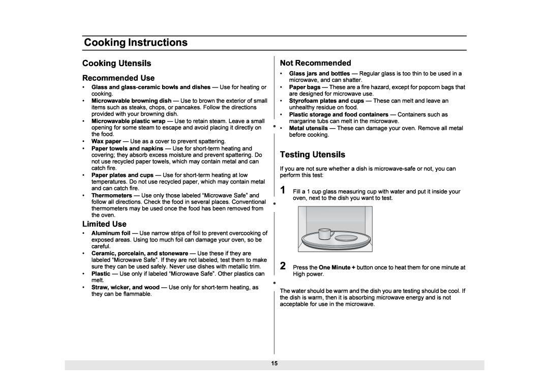 Samsung MW1025WB Cooking Instructions, Cooking Utensils, Testing Utensils, Recommended Use, Limited Use, Not Recommended 