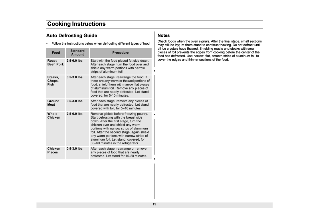 Samsung MW1025WB owner manual Auto Defrosting Guide, Cooking Instructions, there are any warm or thawed portions of 