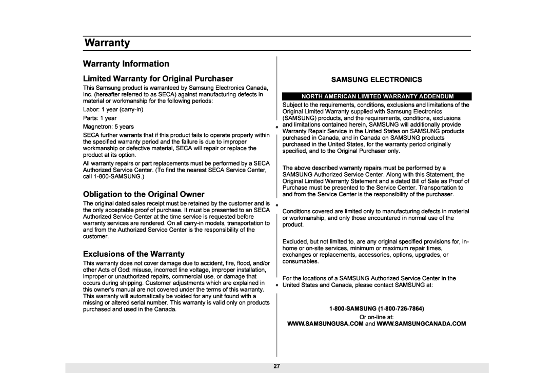 Samsung MW1025WB Warranty Information, Limited Warranty for Original Purchaser, Obligation to the Original Owner 