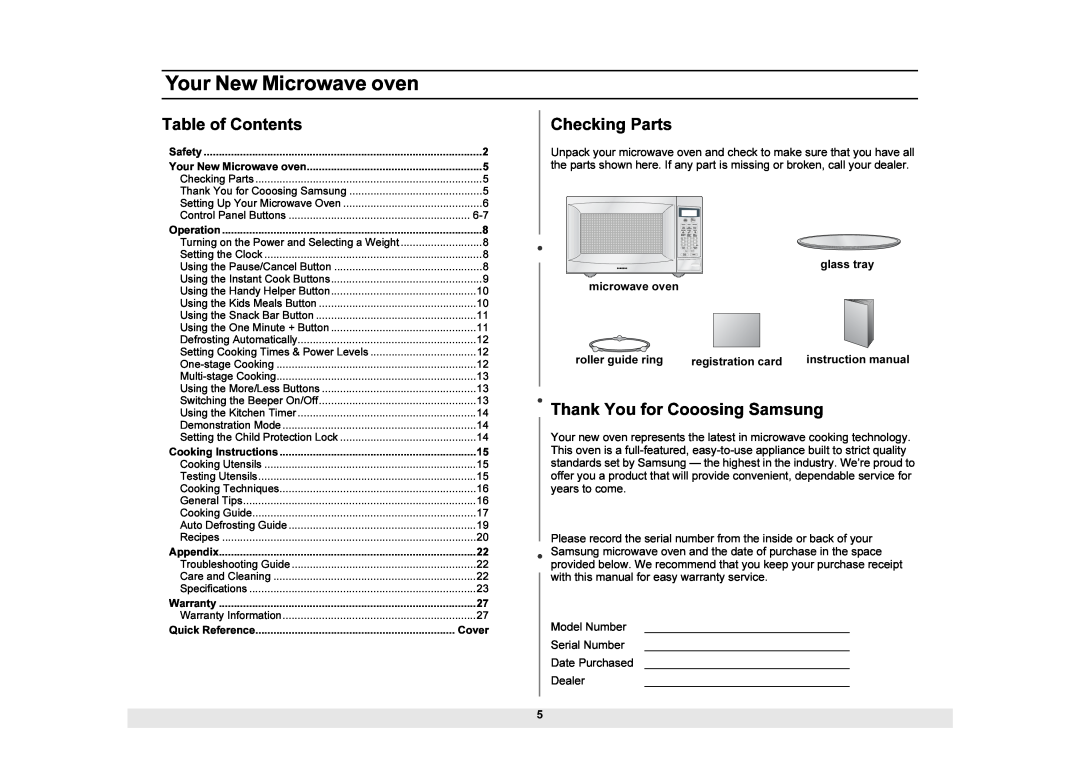 Samsung MW1025WB owner manual Your New Microwave oven, Table of Contents, Checking Parts, Thank You for Cooosing Samsung 