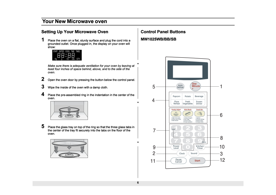 Samsung Setting Up Your Microwave Oven, Control Panel Buttons, MW1025WB/BB/SB, Your New Microwave oven, Oz. Lbs. QTY 