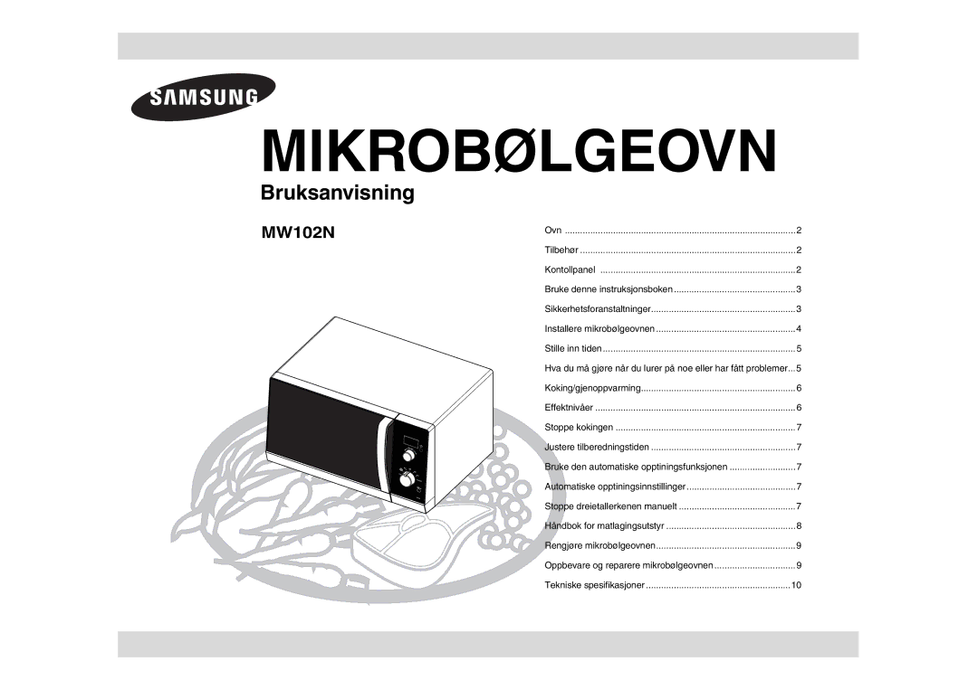 Samsung MW102N-S/XEE manual Mikrobølgeovn 