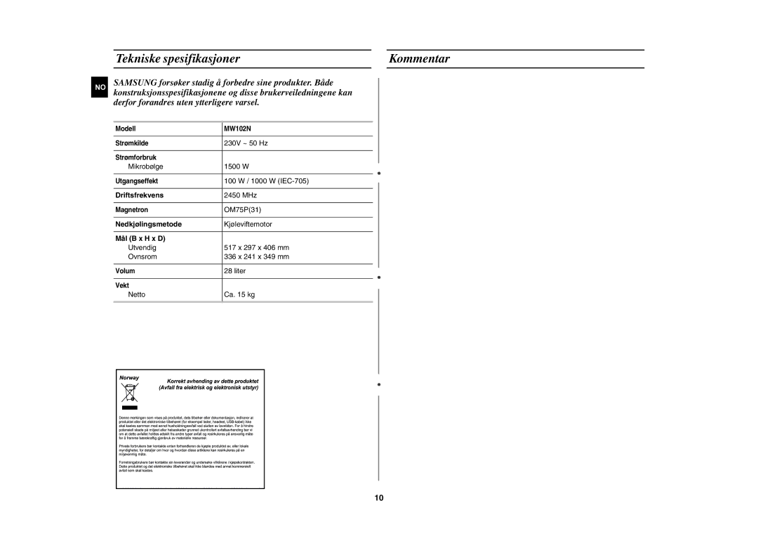 Samsung MW102N-S/XEE manual Tekniske spesifikasjoner Kommentar, Driftsfrekvens, Nedkjølingsmetode, Mål B x H x D 