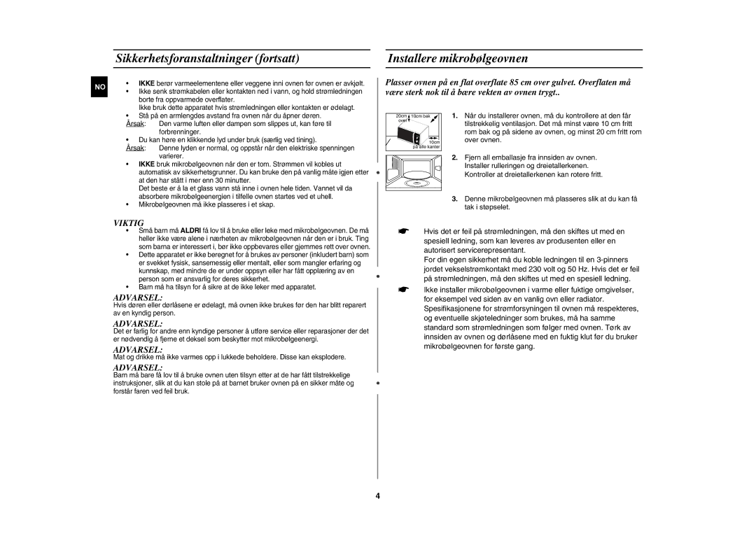 Samsung MW102N-S/XEE manual Viktig 