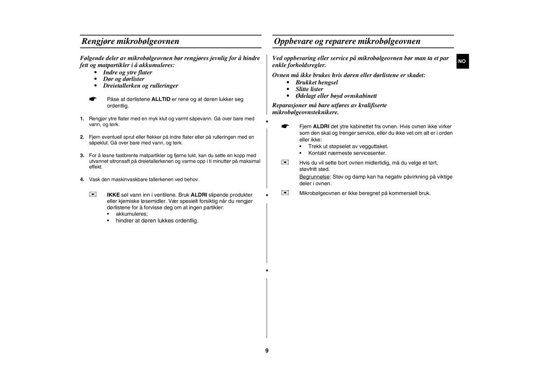 Samsung MW102N-S/XEE manual Rengjøre mikrobølgeovnen, Oppbevare og reparere mikrobølgeovnen 