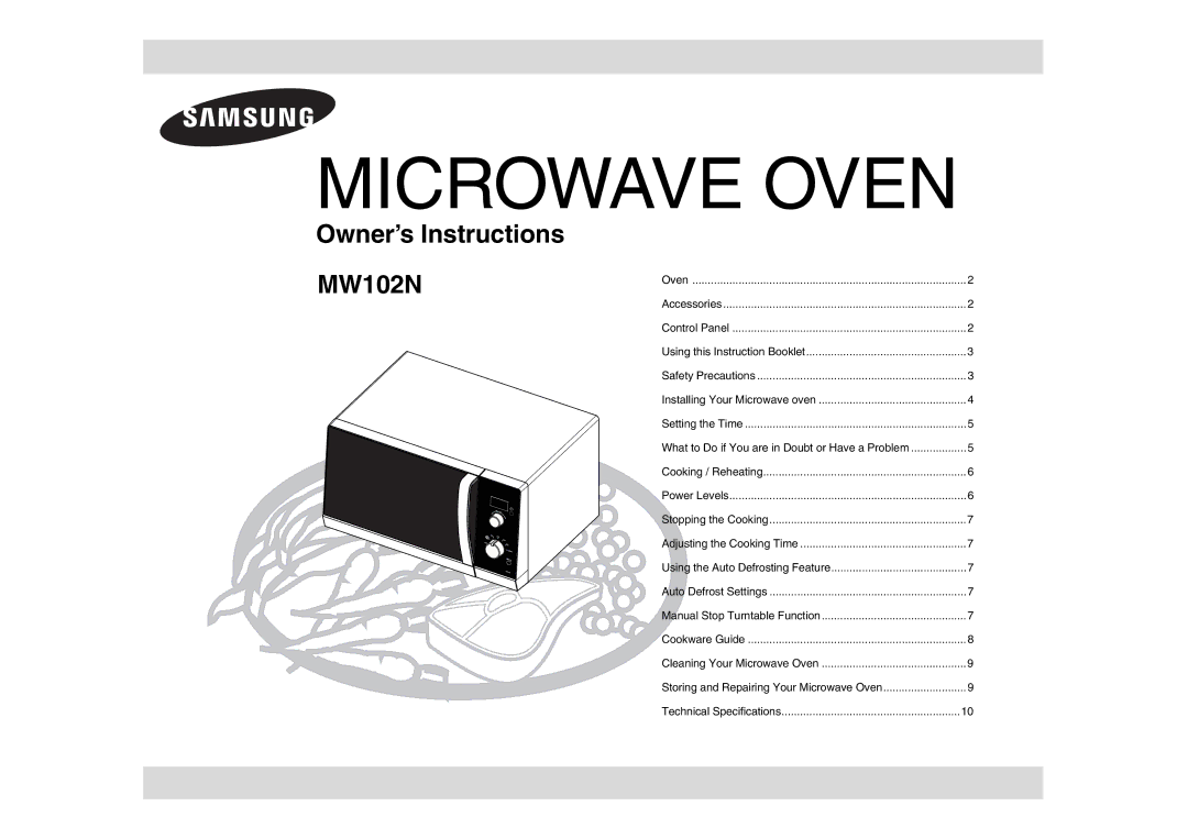 Samsung MW102N-S/XEE manual Microwave Oven 