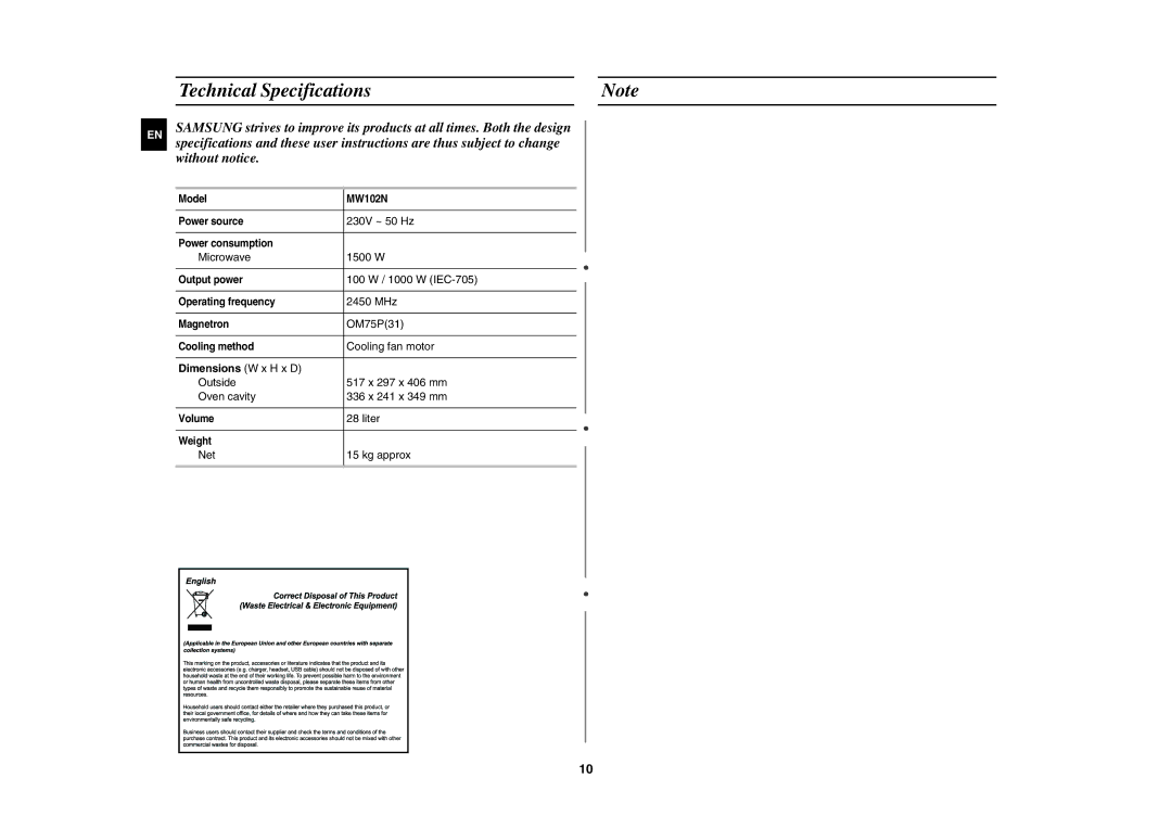 Samsung MW102N-S/XEE manual Technical Specifications, Dimensions W x H x D 