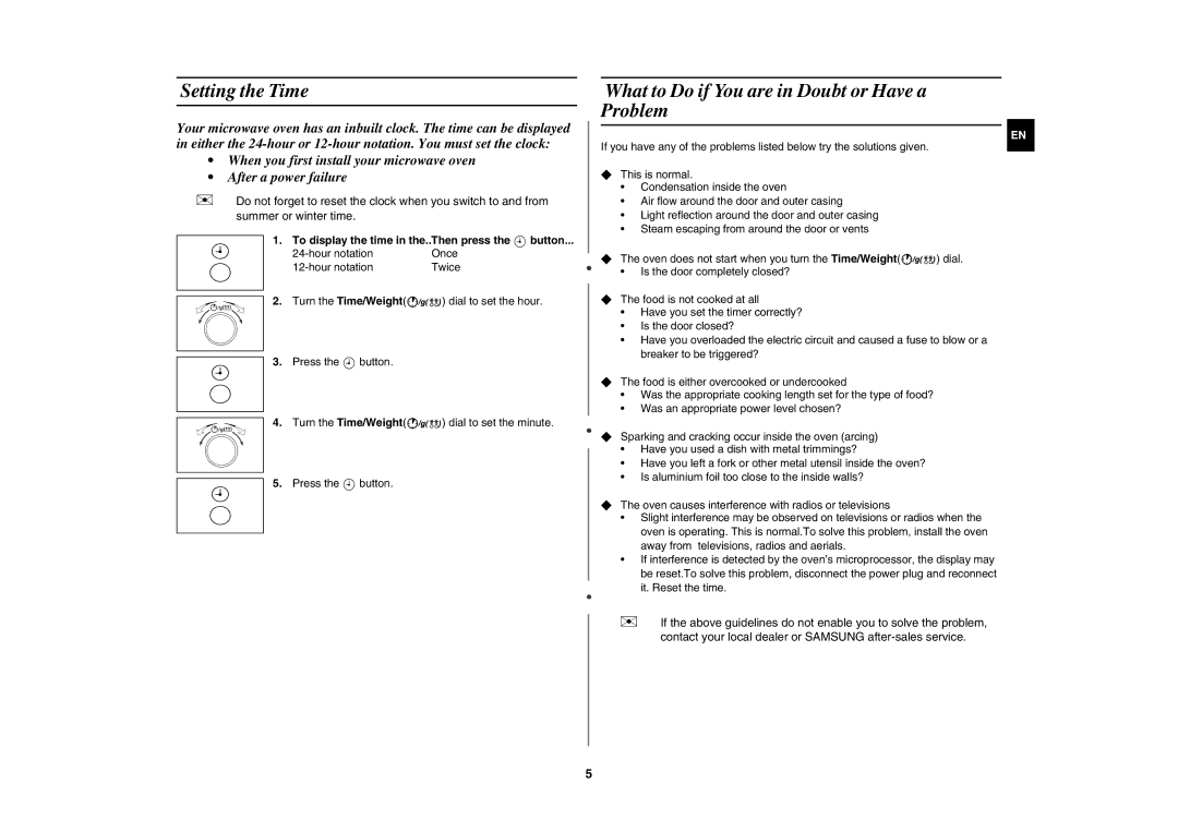 Samsung MW102N-S/XEE manual Setting the Time, What to Do if You are in Doubt or Have a Problem 