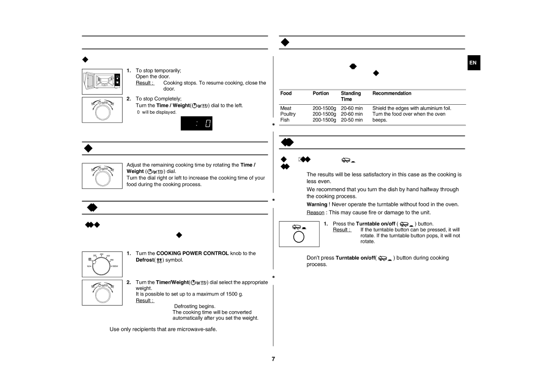 Samsung MW102N-S/XEE manual Stopping the Cooking, Auto Defrost Settings, Adjusting the Cooking Time 