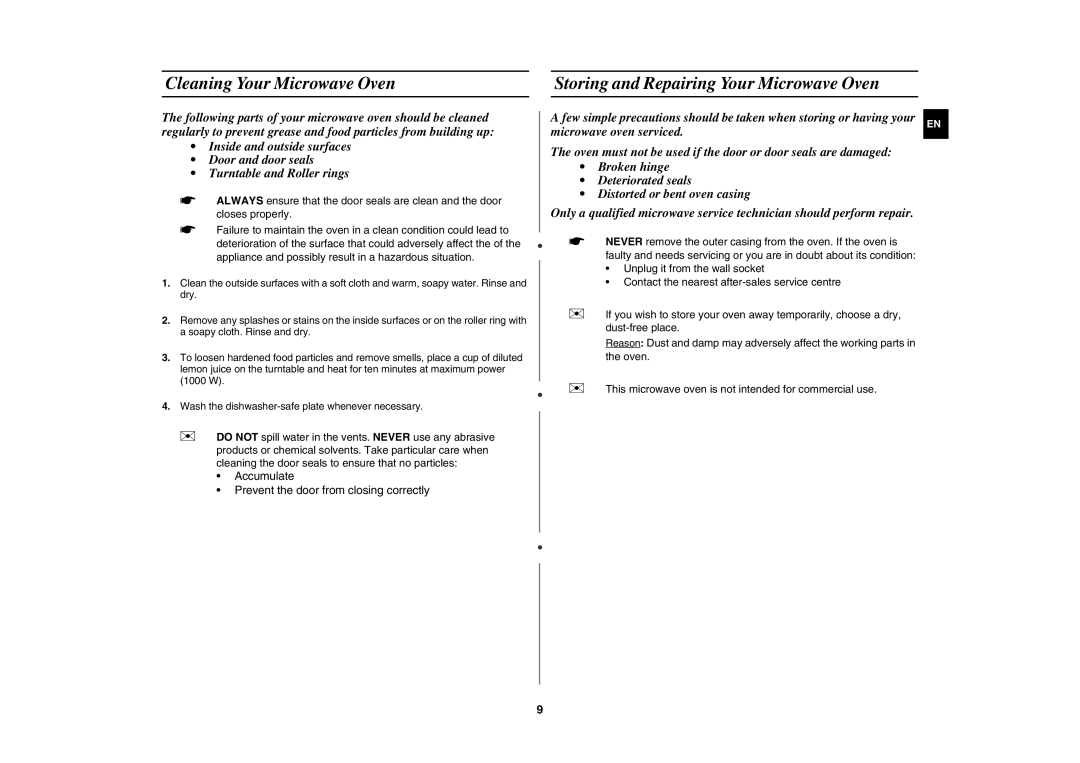 Samsung MW102N-S/XEE manual Cleaning Your Microwave Oven, Storing and Repairing Your Microwave Oven 