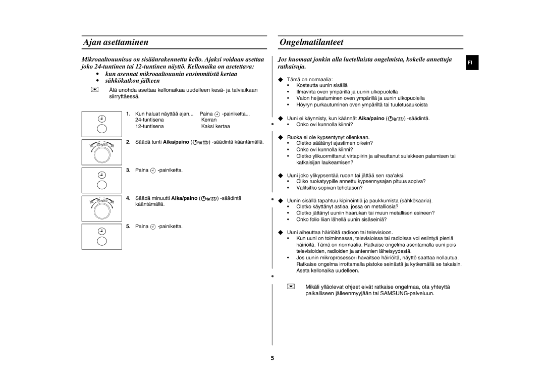 Samsung MW102N-S/XEE manual Ajan asettaminen, Ongelmatilanteet 