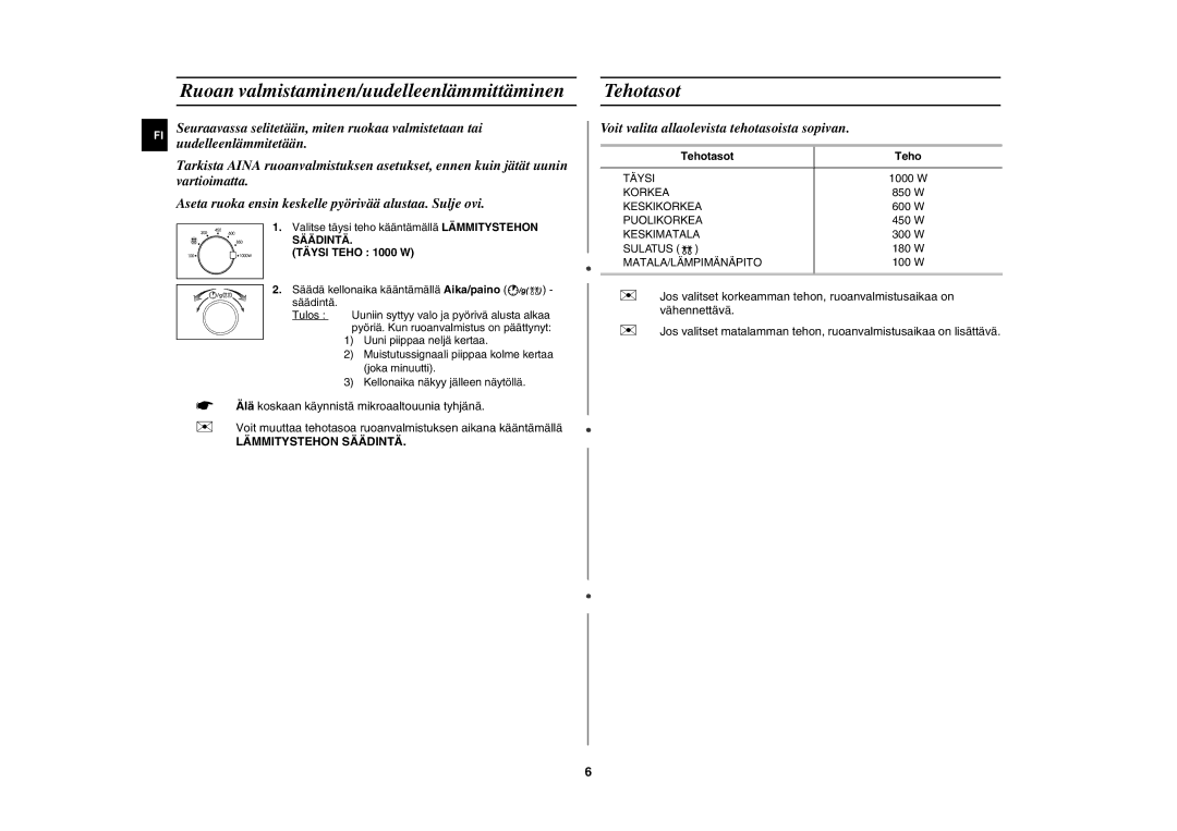 Samsung MW102N-S/XEE manual Ruoan valmistaminen/uudelleenlämmittäminen, Tehotasot, Täysi Teho 1000 W 