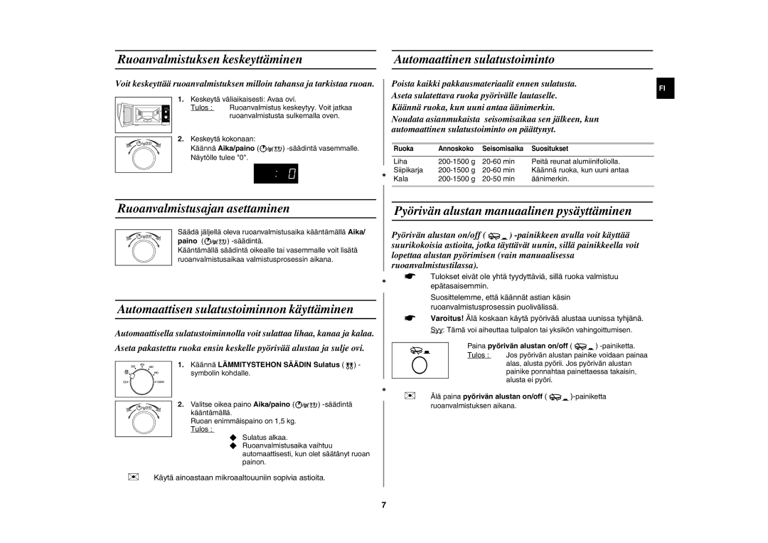 Samsung MW102N-S/XEE manual Ruoanvalmistuksen keskeyttäminen, Automaattinen sulatustoiminto, Ruoanvalmistusajan asettaminen 