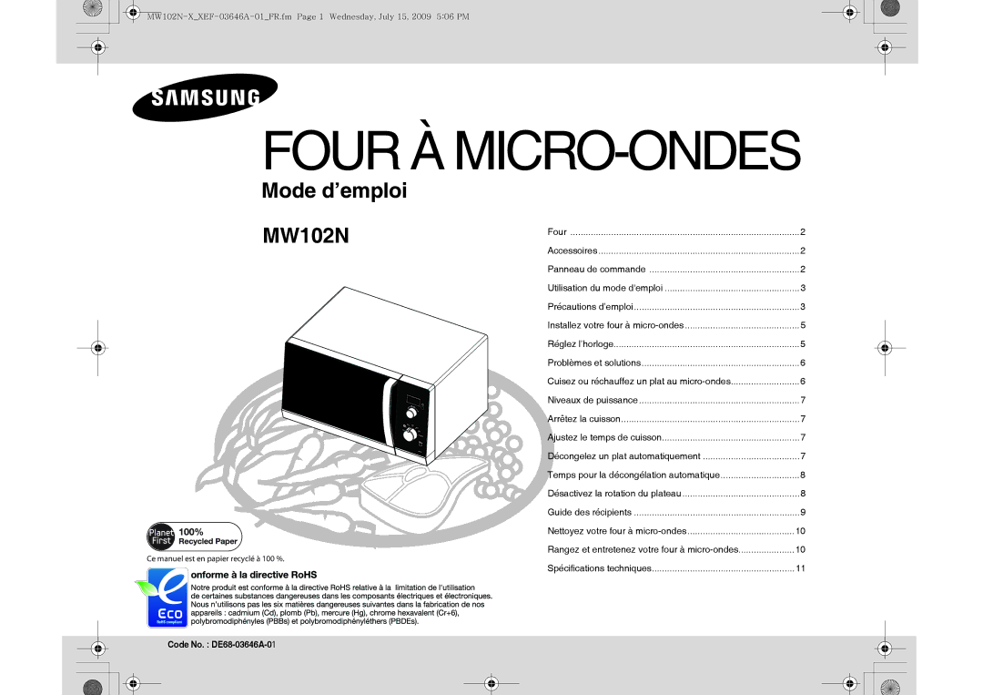 Samsung MW102N-X/XEF manual Four À MICRO-ONDES 