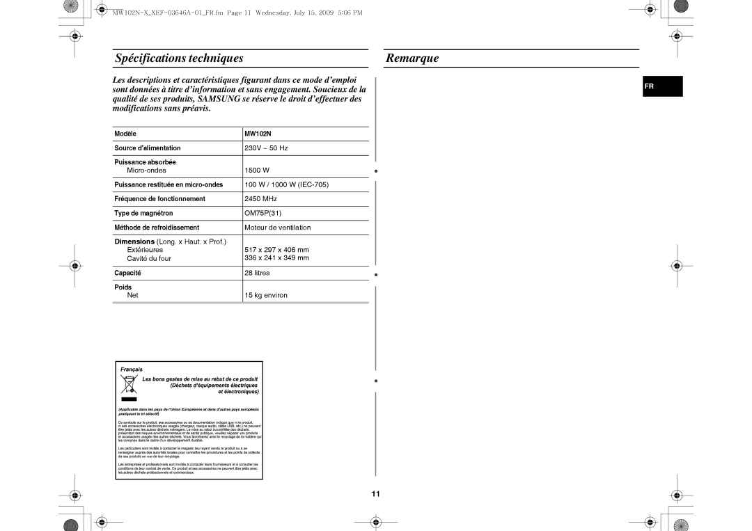 Samsung MW102N-X/XEF manual Spécifications techniques Remarque 