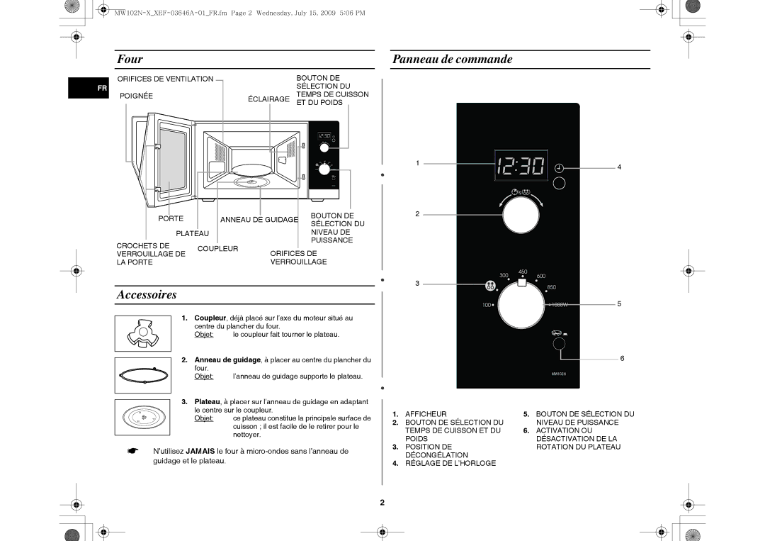 Samsung MW102N-X/XEF manual Four, Accessoires, Panneau de commande 