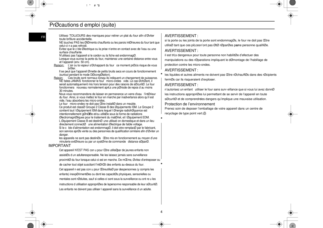 Samsung MW102N-X/XEF manual Précautions d’emploi suite, Avertissement 