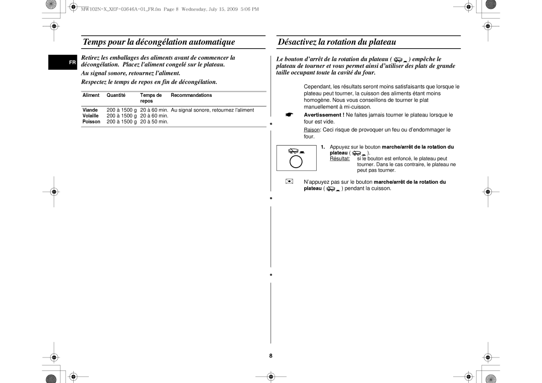 Samsung MW102N-X/XEF manual Temps pour la décongélation automatique, Désactivez la rotation du plateau 