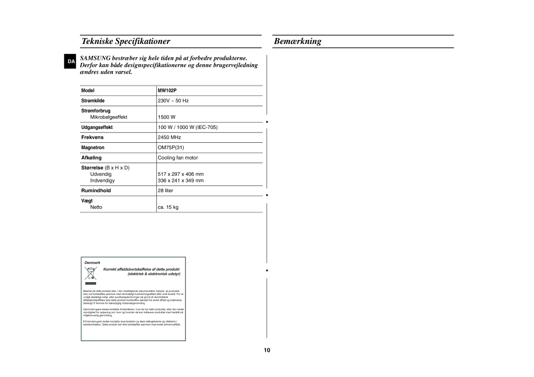 Samsung MW102P-S/XEE manual Tekniske Specifikationer Bemærkning, Frekvens, Afkøling, Rumindhold 