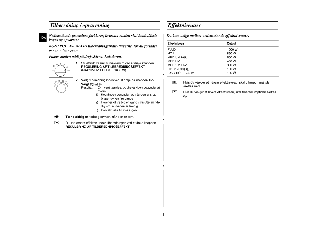 Samsung MW102P-S/XEE manual Tilberedning / opvarmning Effektniveauer, Vægt 