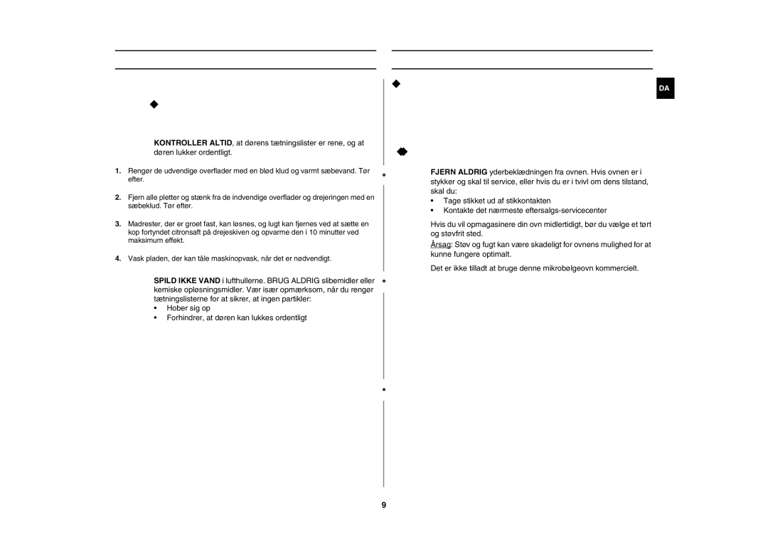 Samsung MW102P-S/XEE manual Rengøring af mikrobølgeovnen, Opbevaring og reparation af mikrobølgeovnen 