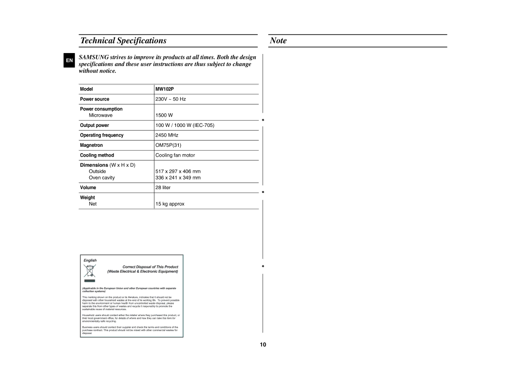 Samsung MW102P-S/XEE manual Technical Specifications, Dimensions W x H x D 