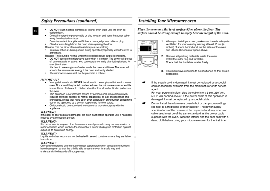 Samsung MW102P-S/XEE manual Installing Your Microwave oven 