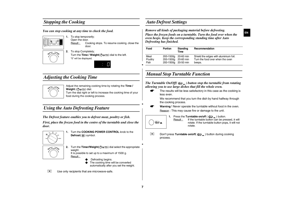 Samsung MW102P-S/XEE manual Stopping the Cooking, Auto Defrost Settings, Adjusting the Cooking Time 