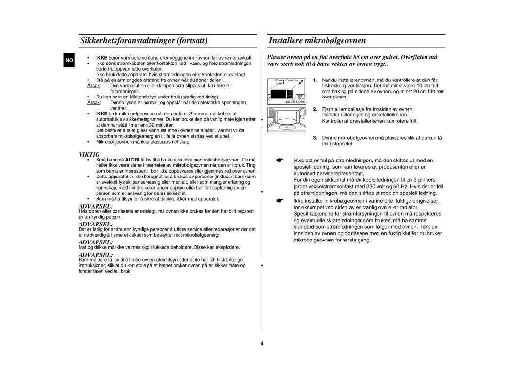 Samsung MW102P-S/XEE manual Viktig 