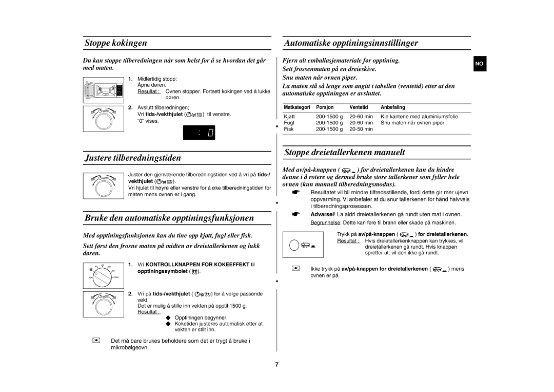 Samsung MW102P-S/XEE manual Stoppe kokingen, Automatiske opptiningsinnstillinger, Justere tilberedningstiden 