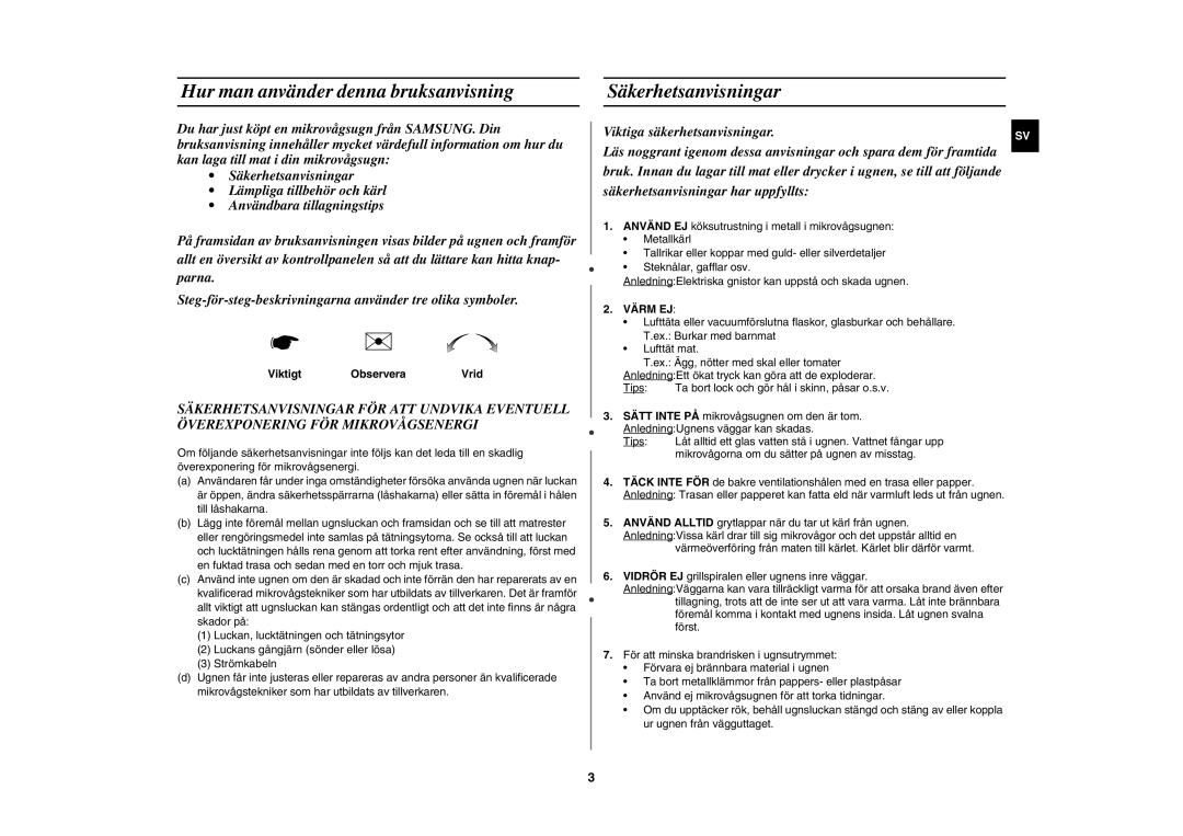 Samsung MW102P-S/XEE manual Hur man använder denna bruksanvisning, Säkerhetsanvisningar 