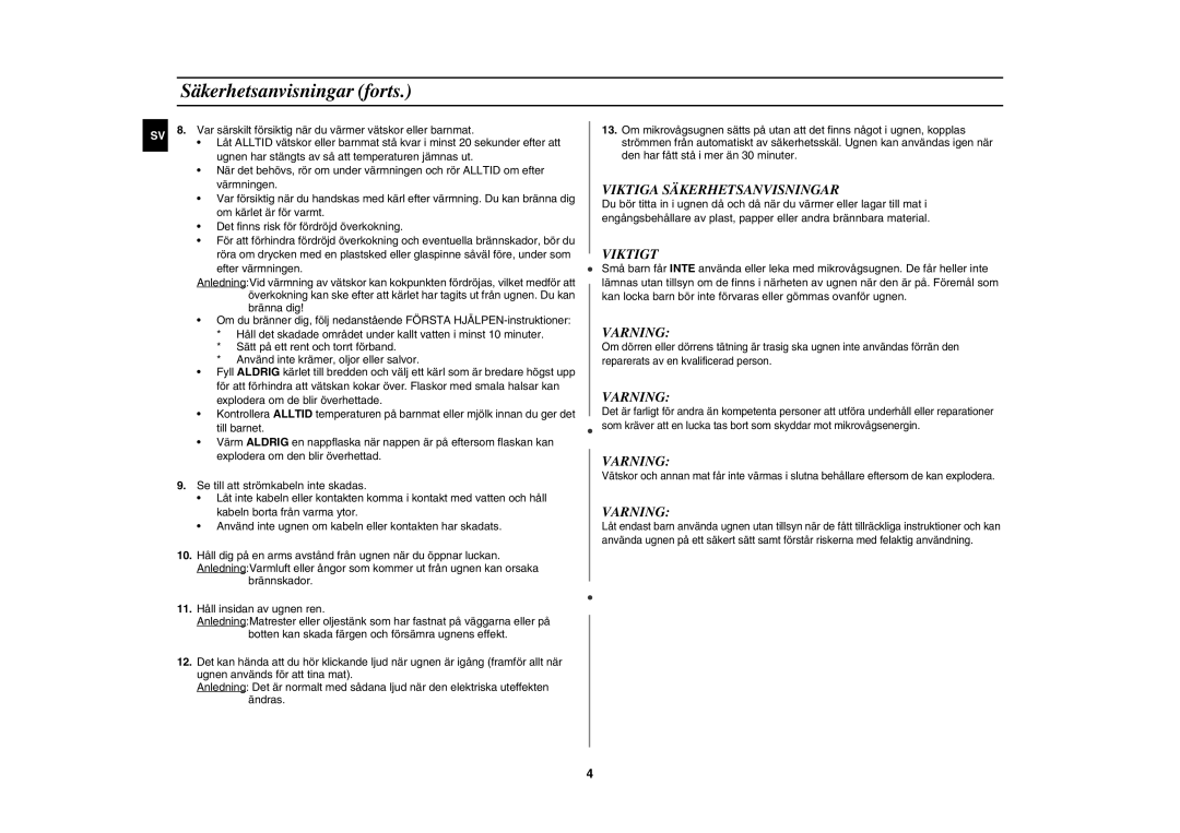 Samsung MW102P-S/XEE manual Säkerhetsanvisningar forts, Viktiga Säkerhetsanvisningar 