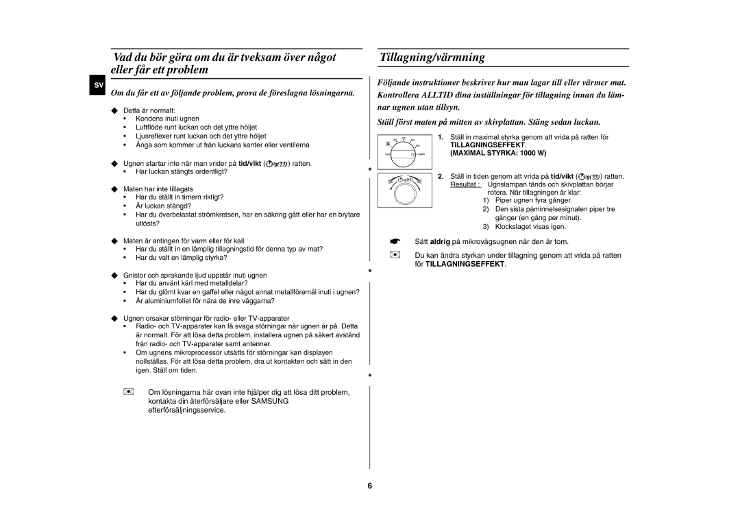 Samsung MW102P-S/XEE manual Tillagning/värmning, Tillagningseffekt Maximal Styrka 1000 W 