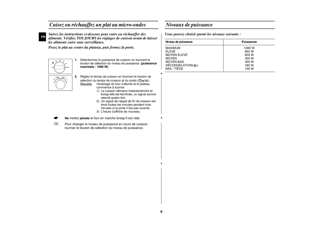 Samsung MW102P-X/XEF manual Cuisez ou réchauffez un plat au micro-ondes, Niveaux de puissance, Puissance 