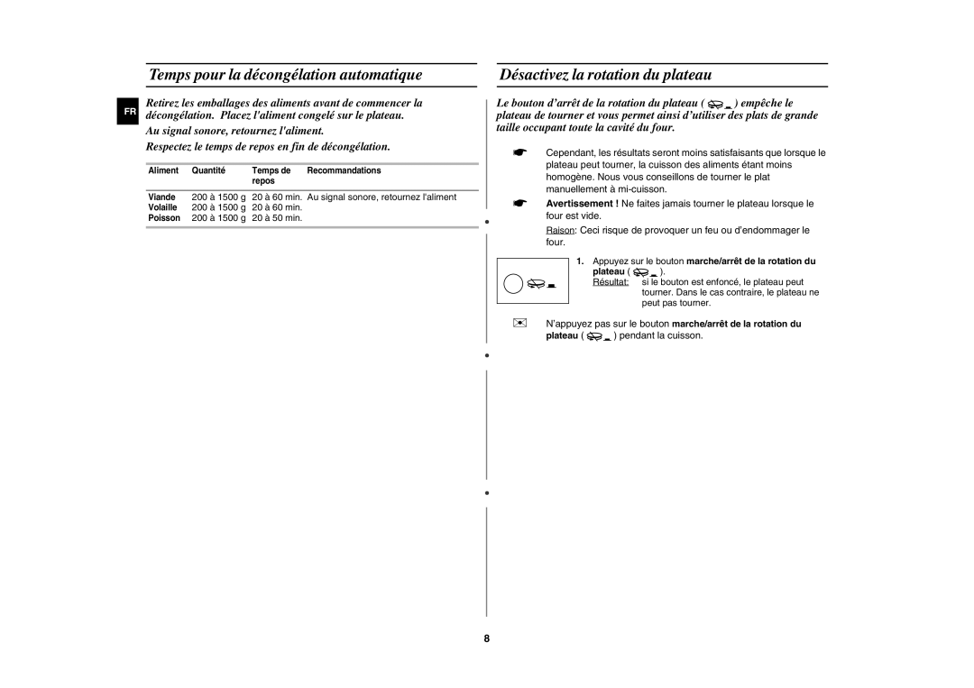 Samsung MW102P-X/XEF manual Temps pour la décongélation automatique, Désactivez la rotation du plateau 