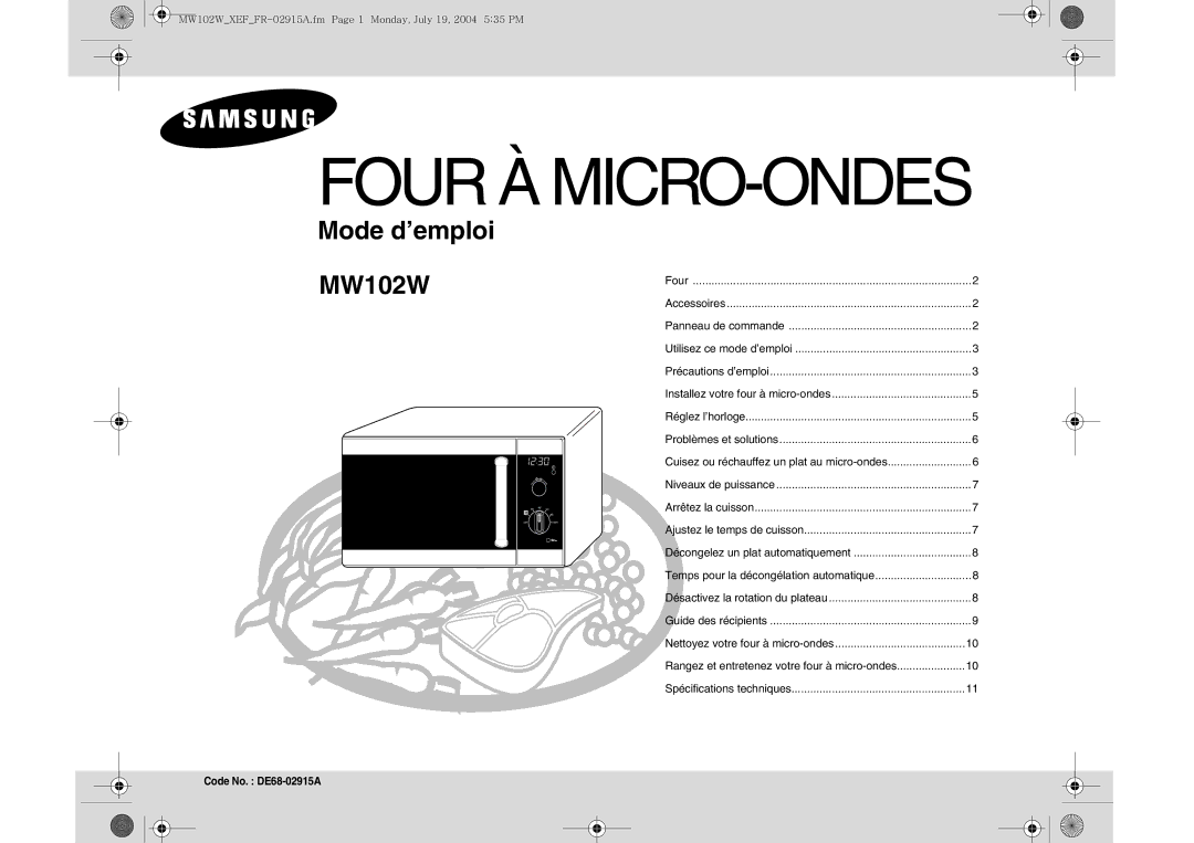 Samsung MW102W-X/XEF manual Four À MICRO-ONDES 