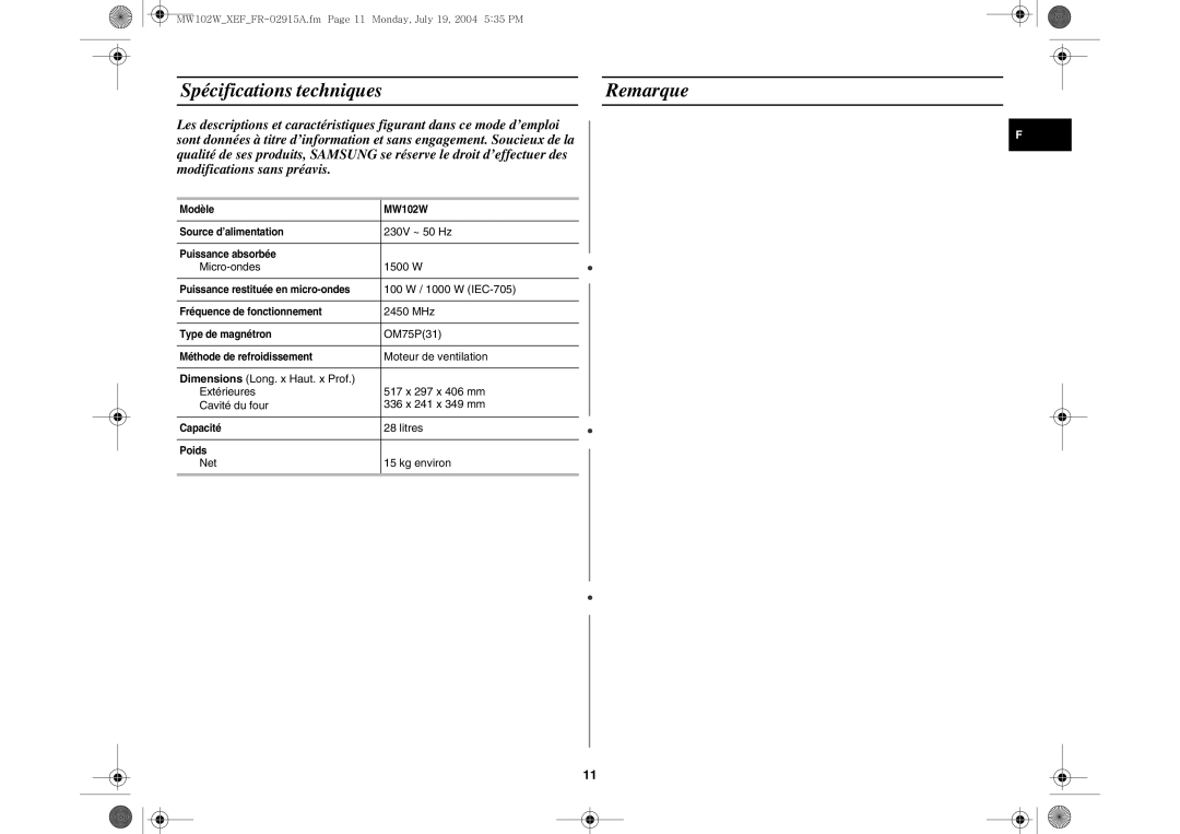 Samsung MW102W-X/XEF manual Spécifications techniques Remarque 