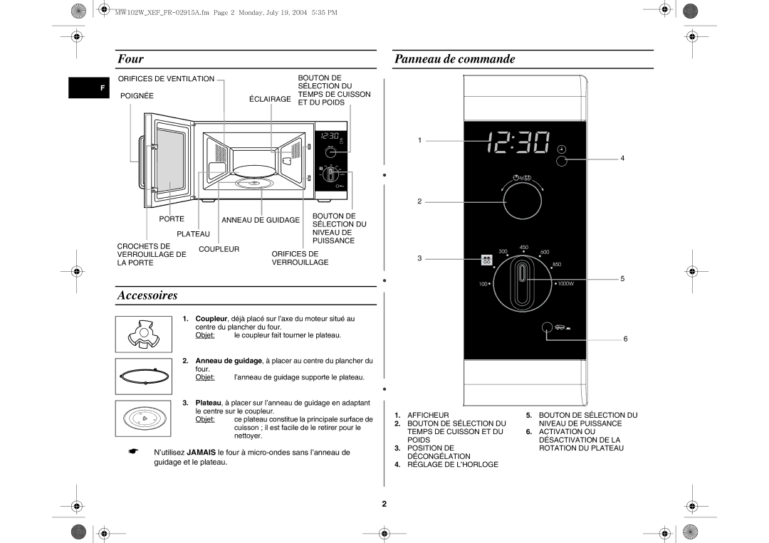 Samsung MW102W-X/XEF manual Four, Accessoires, Panneau de commande 