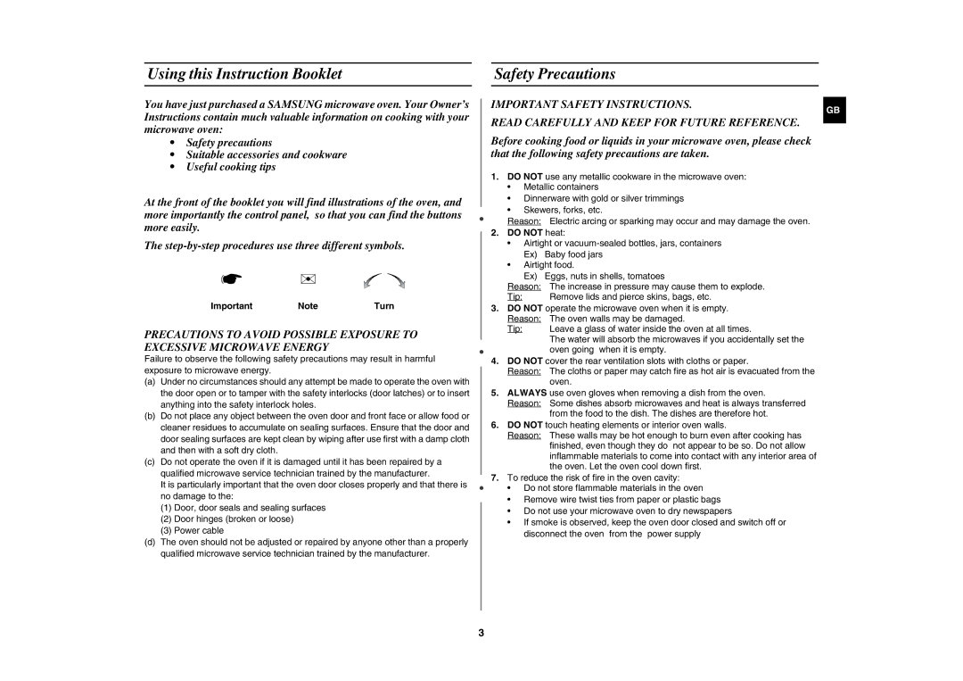 Samsung MW102W manual Using this Instruction Booklet, Safety Precautions, Important NoteTurn, Do not heat 