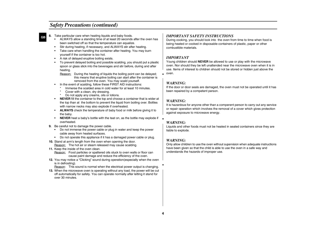 Samsung MW102W manual Important Safety Instructions 