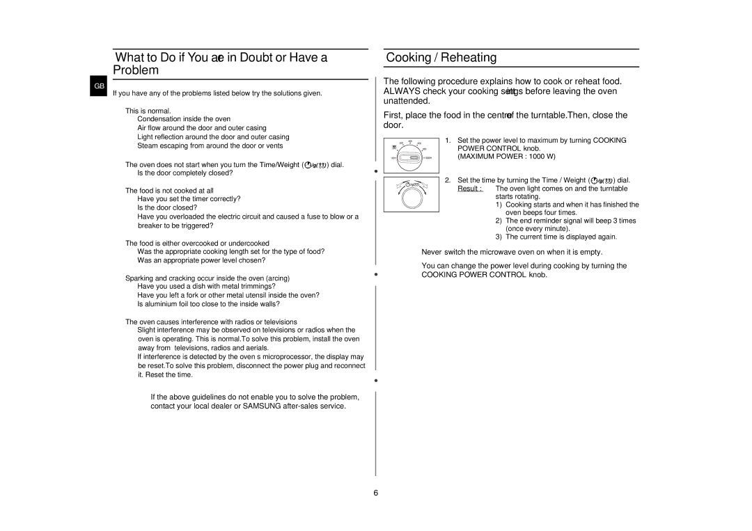 Samsung MW102W manual What to Do if You are in Doubt or Have a Problem, Cooking / Reheating 