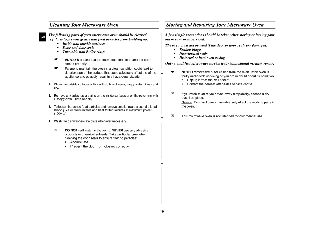 Samsung MW102W manual Cleaning Your Microwave Oven, Storing and Repairing Your Microwave Oven 