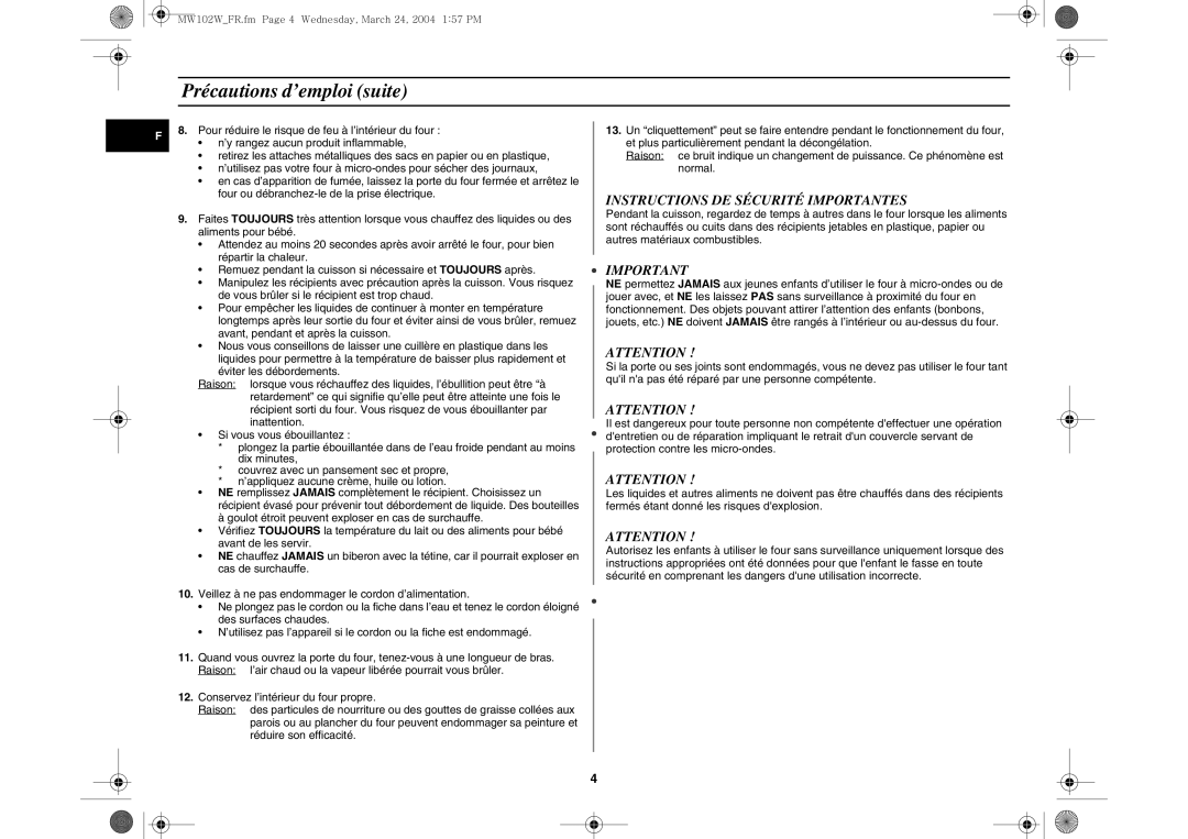 Samsung MW102W/XEF manual Précautions d’emploi suite, Instructions DE Sécurité Importantes 