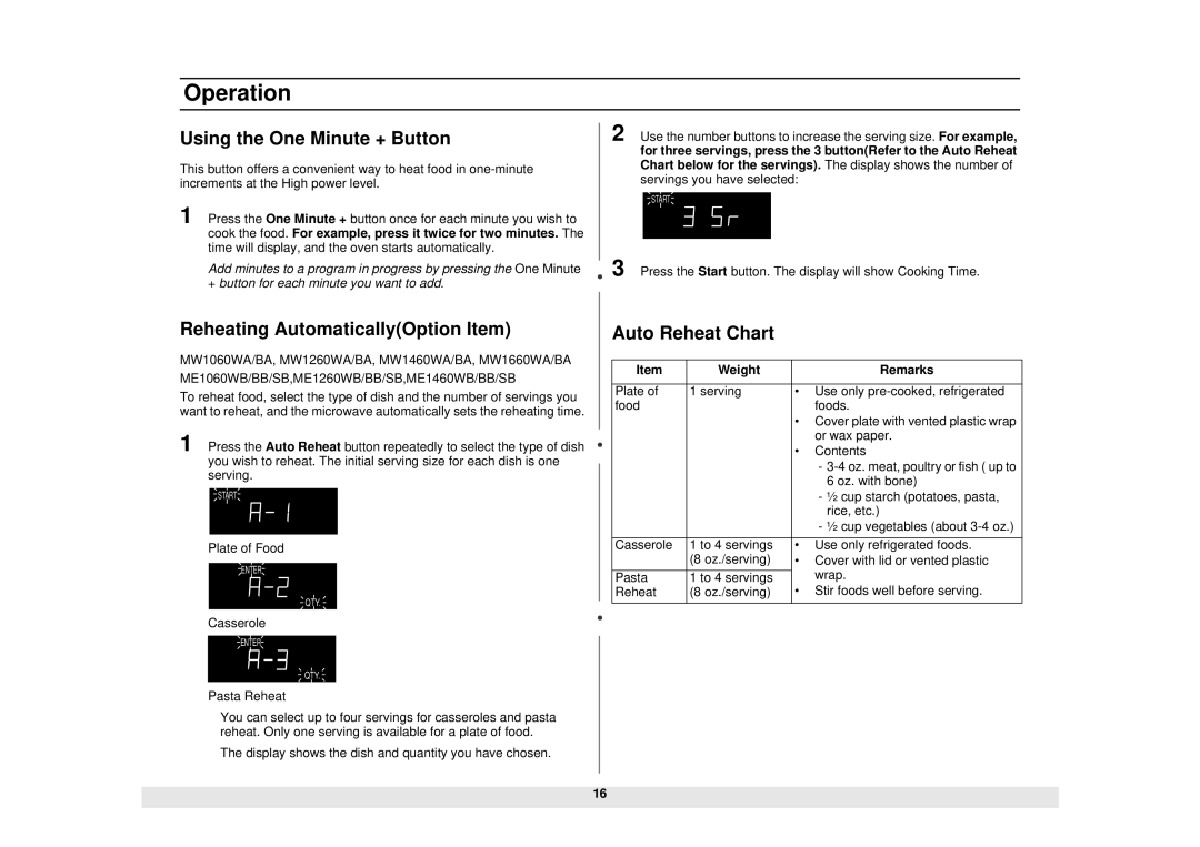 Samsung MW1250BA, MW1030SB, MW1030WA Using the One Minute + Button, Reheating AutomaticallyOption Item, Auto Reheat Chart 