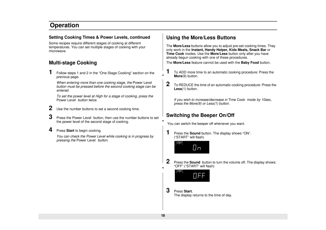 Samsung MW1230BA, MW1030SB, MW1030WA, MW1030BA, ME1060WB, ME1460SB Using the More/Less Buttons, Switching the Beeper On/Off 