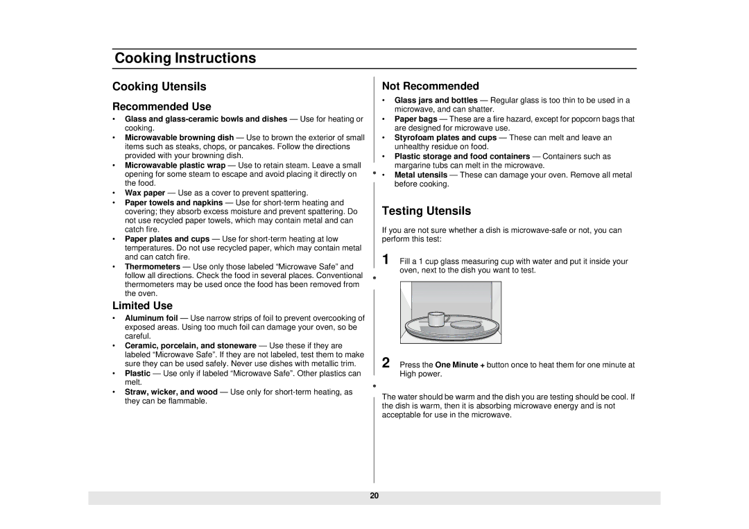 Samsung MW1060BA, MW1030SB, MW1030WA, MW1030BA, ME1060WB, ME1460SB Cooking Instructions, Cooking Utensils, Testing Utensils 