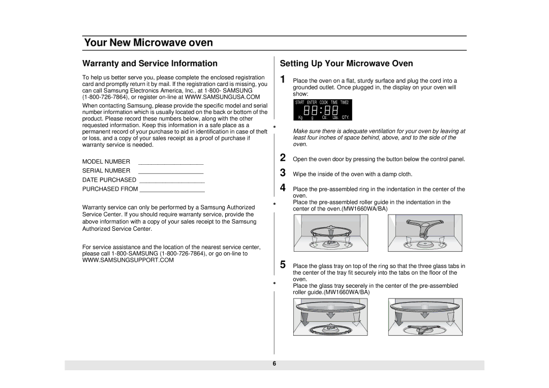 Samsung ME1460WB, MW1030SB, MW1030WA, MW1030BA, ME1060WB Warranty and Service Information, Setting Up Your Microwave Oven 