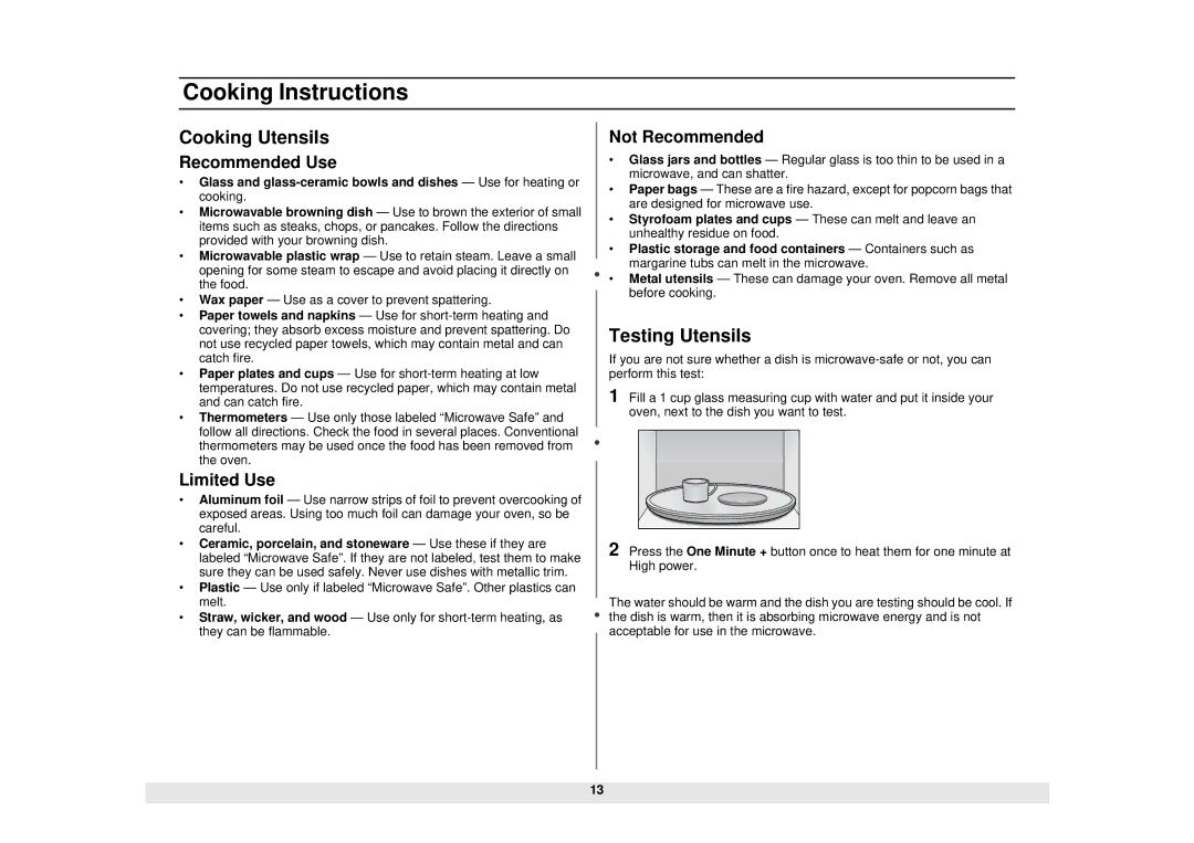 Samsung MW1030WC, MW1040SC, MW1030SC, MW1030BC manual Cooking Instructions, Cooking Utensils, Testing Utensils 